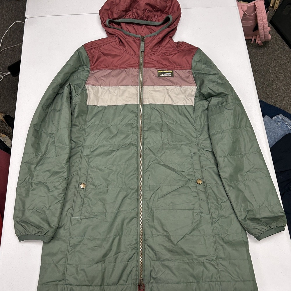 L.L. Bean PrimaLoft Packaway Jacket Womens XS Pet Green Colorblock Hooded Parka